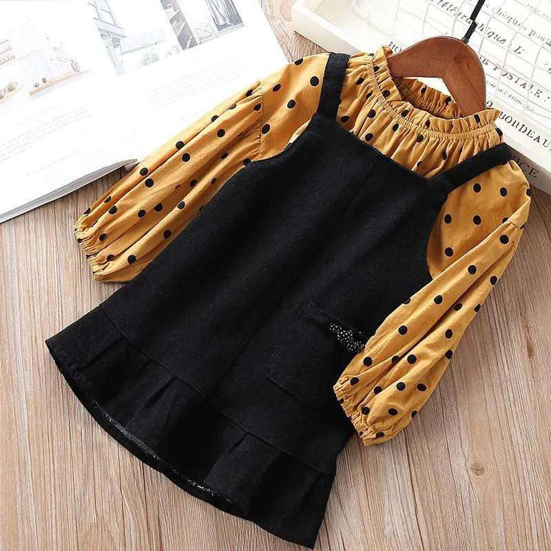 2 Pcs Girls Dot Print Long Sleeves Tops And Black Overalls Dresses