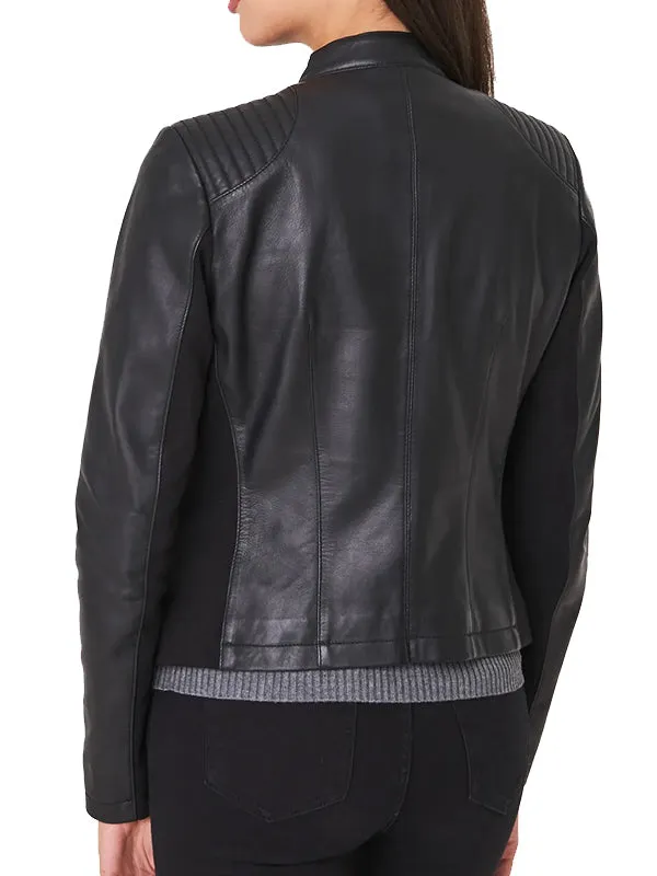 BLACK LEATHER BIKER JACKET WOMENS BY TJS
