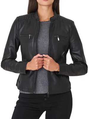 BLACK LEATHER BIKER JACKET WOMENS BY TJS