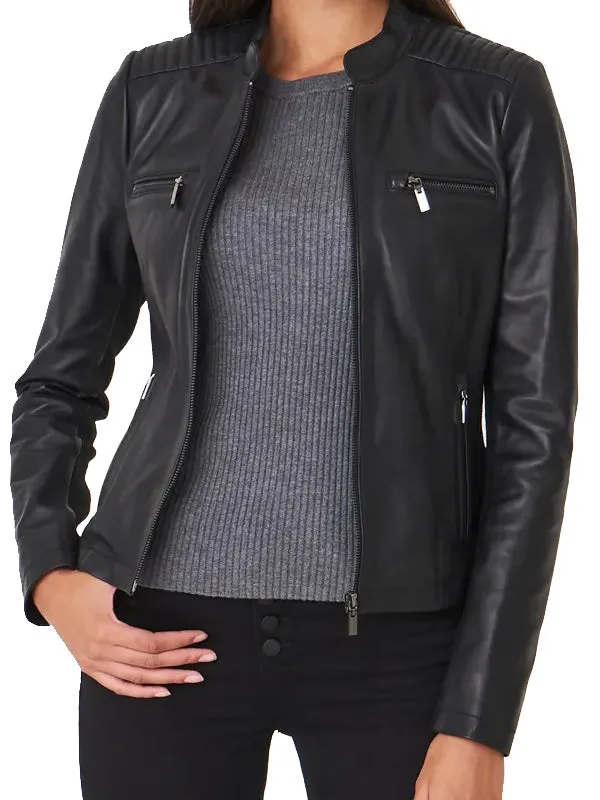 BLACK LEATHER BIKER JACKET WOMENS BY TJS