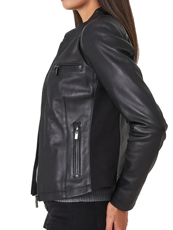 BLACK LEATHER BIKER JACKET WOMENS BY TJS