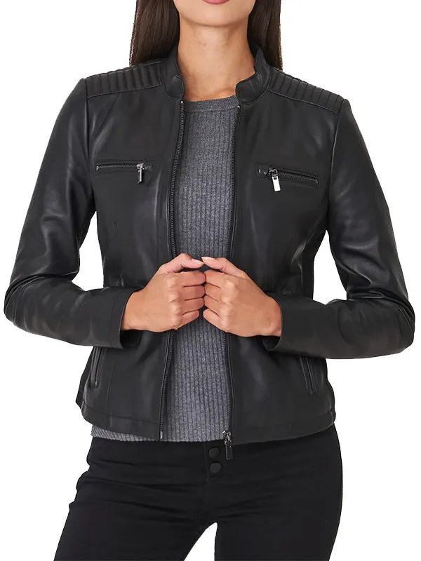 BLACK LEATHER BIKER JACKET WOMENS BY TJS