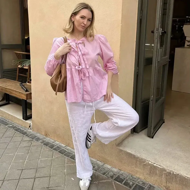 Bow Bandage HollowCasual Solid Color Patchwork Long Sleeve Loose T-shirt