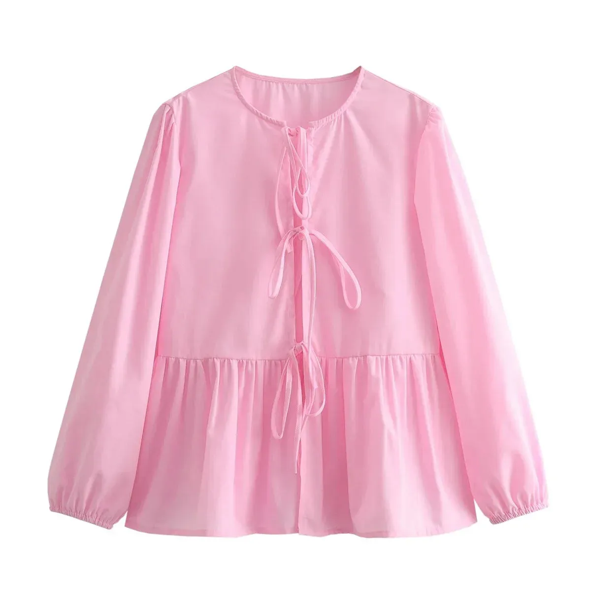 Bow Bandage HollowCasual Solid Color Patchwork Long Sleeve Loose T-shirt