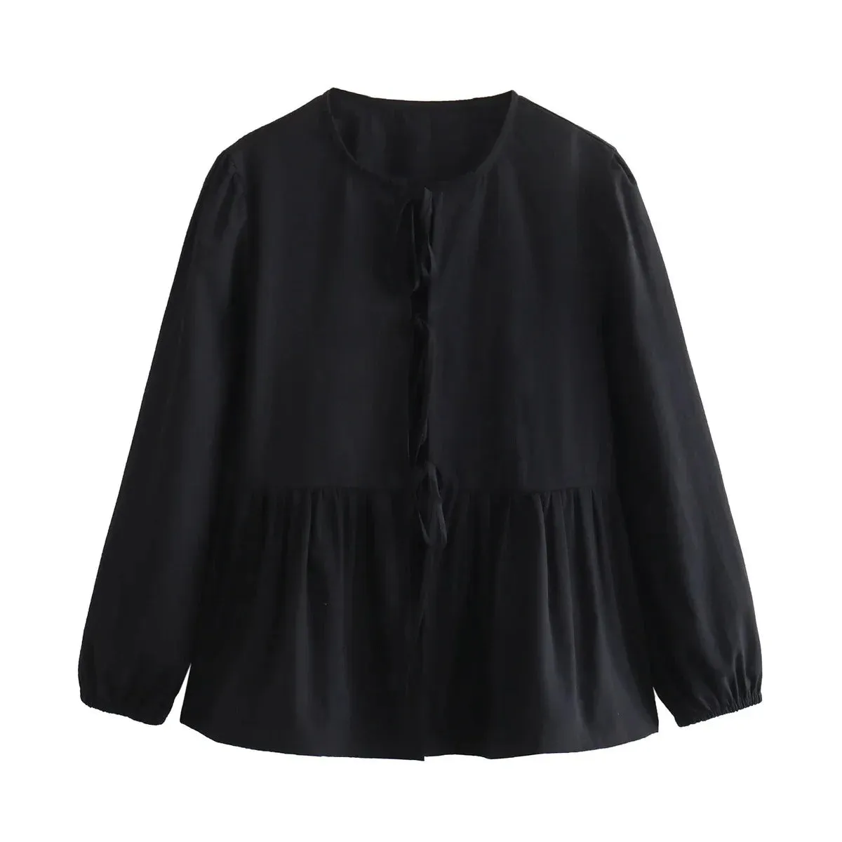 Bow Bandage HollowCasual Solid Color Patchwork Long Sleeve Loose T-shirt