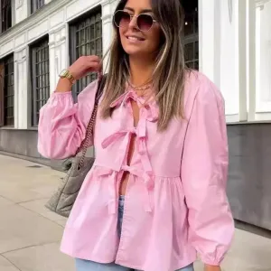 Bow Bandage HollowCasual Solid Color Patchwork Long Sleeve Loose T-shirt