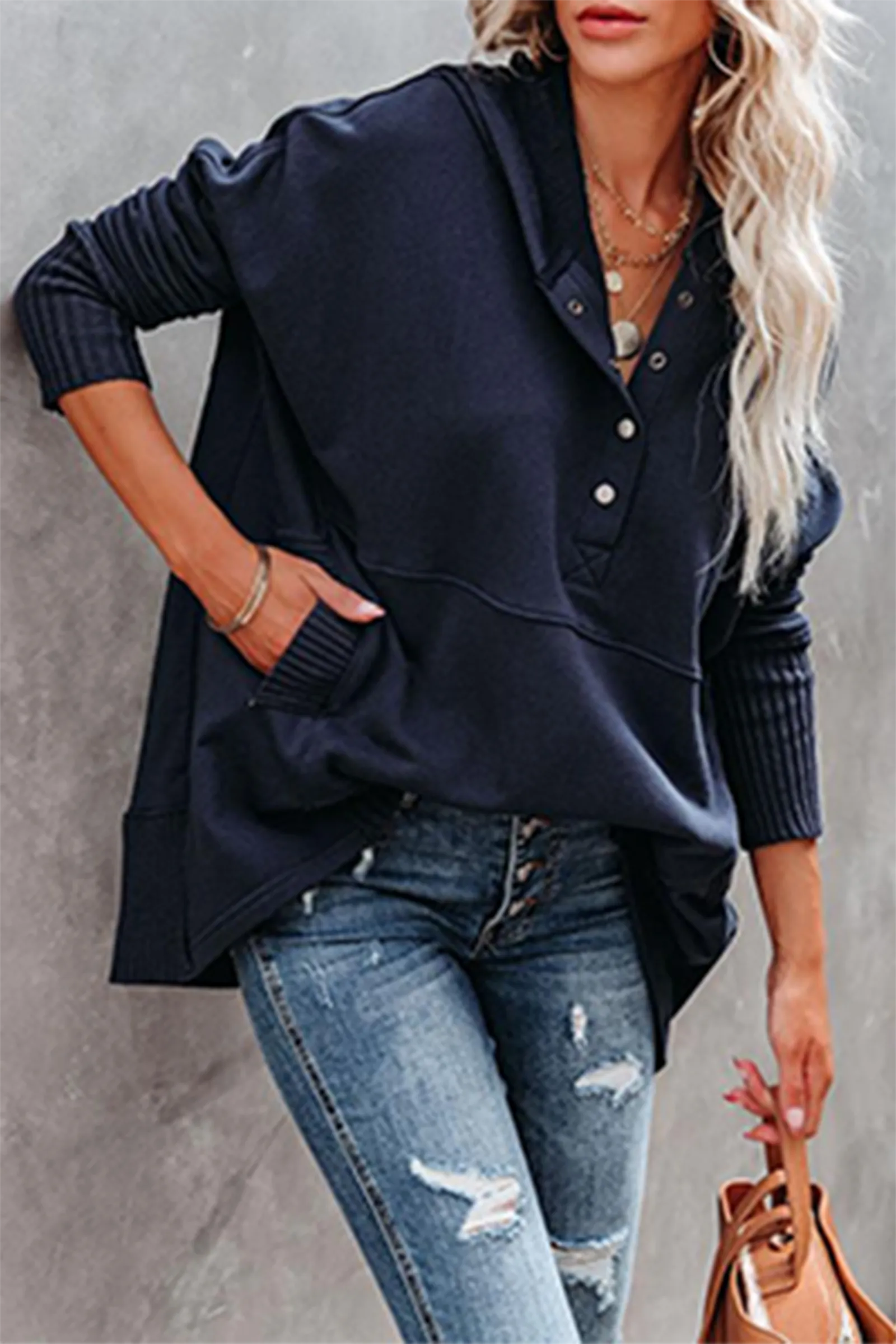 Casual Solid Pocket Buckle Hooded Collar Tops(3 colors)