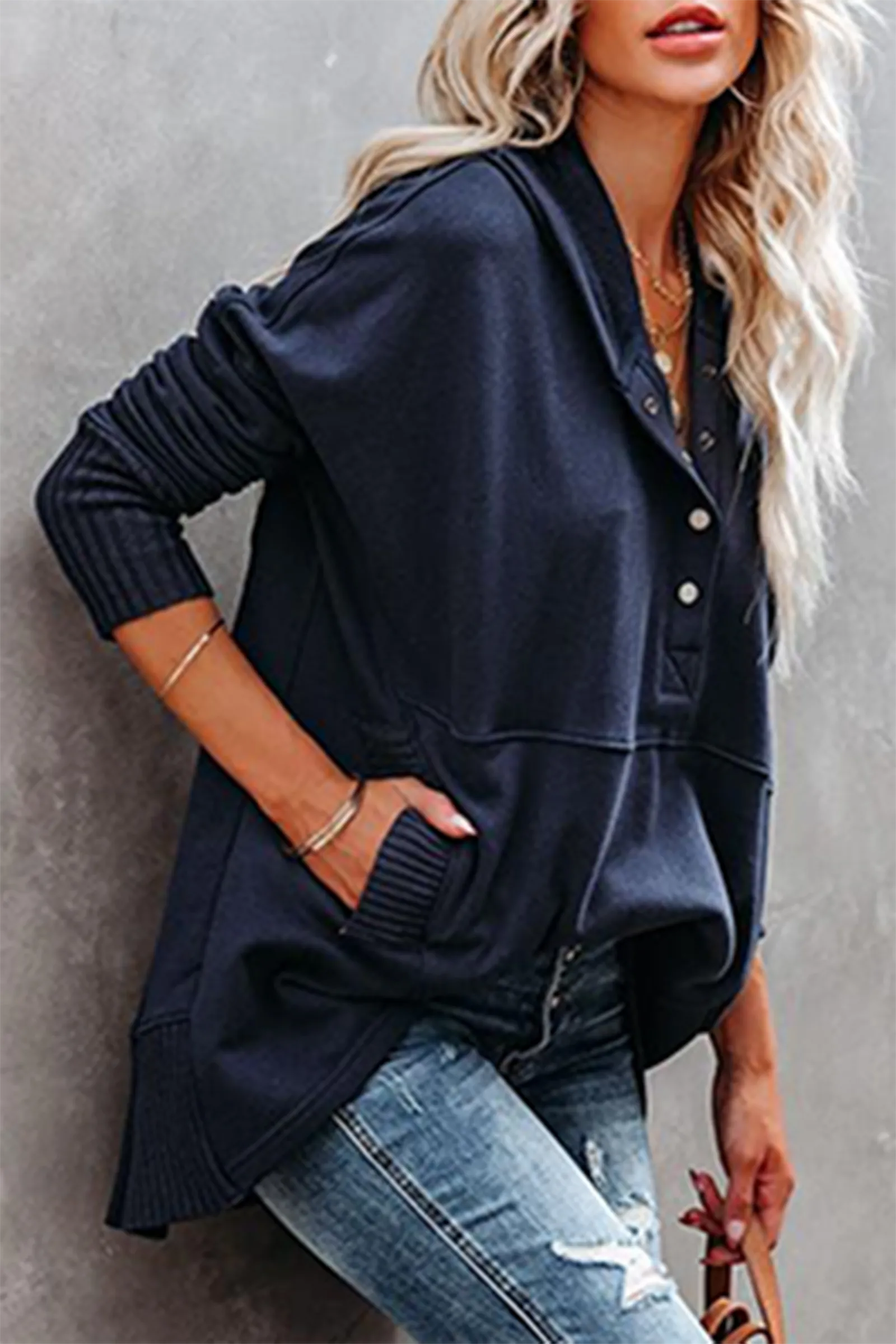 Casual Solid Pocket Buckle Hooded Collar Tops(3 colors)