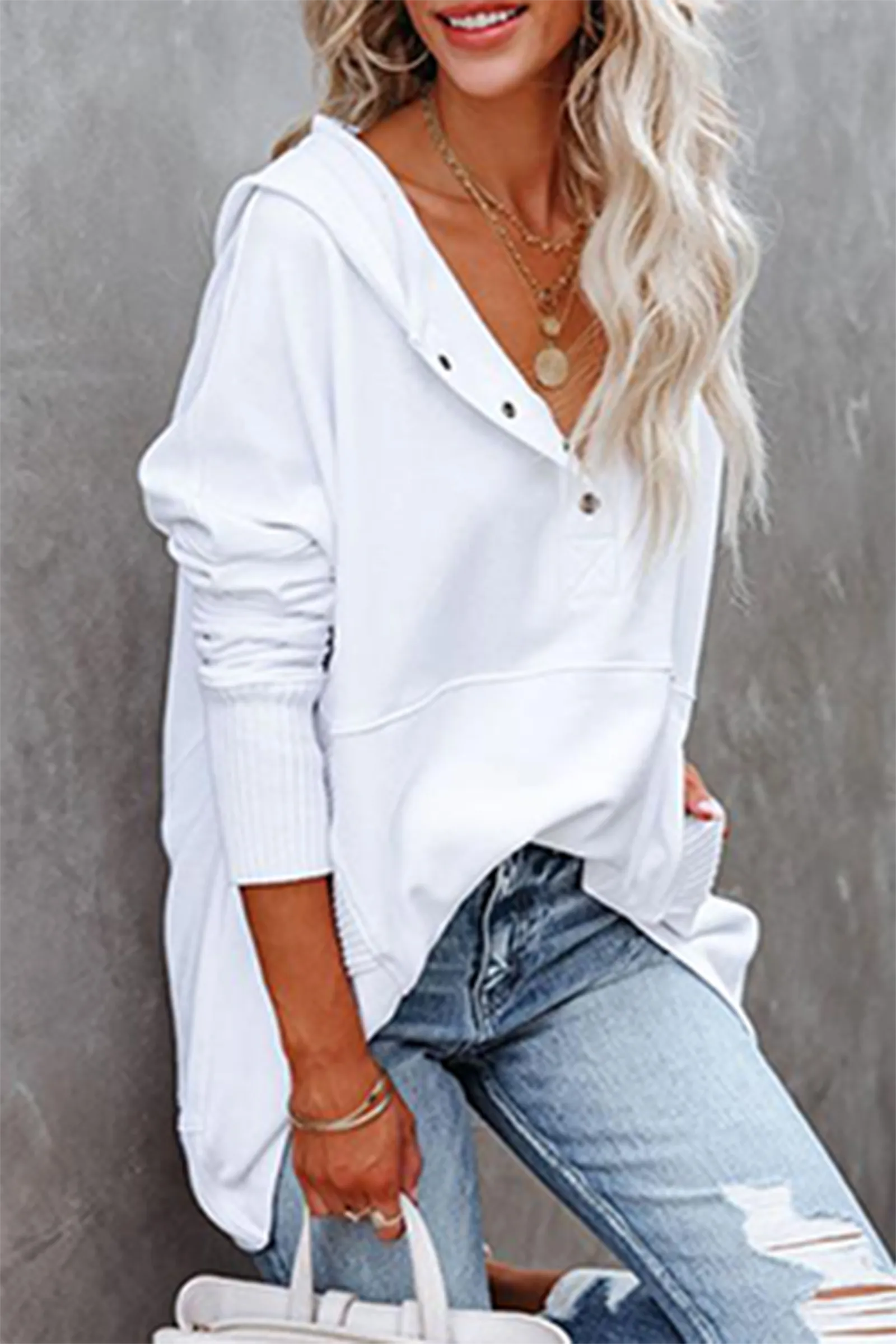 Casual Solid Pocket Buckle Hooded Collar Tops(3 colors)