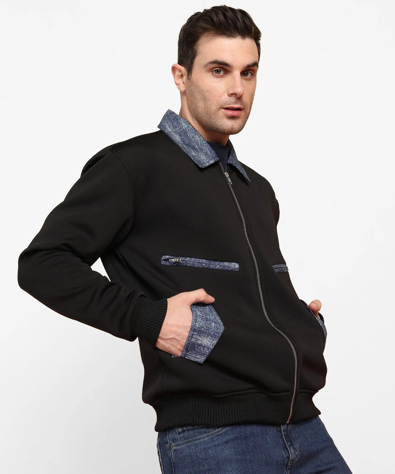 Denim trimmed scuba zipper jacket