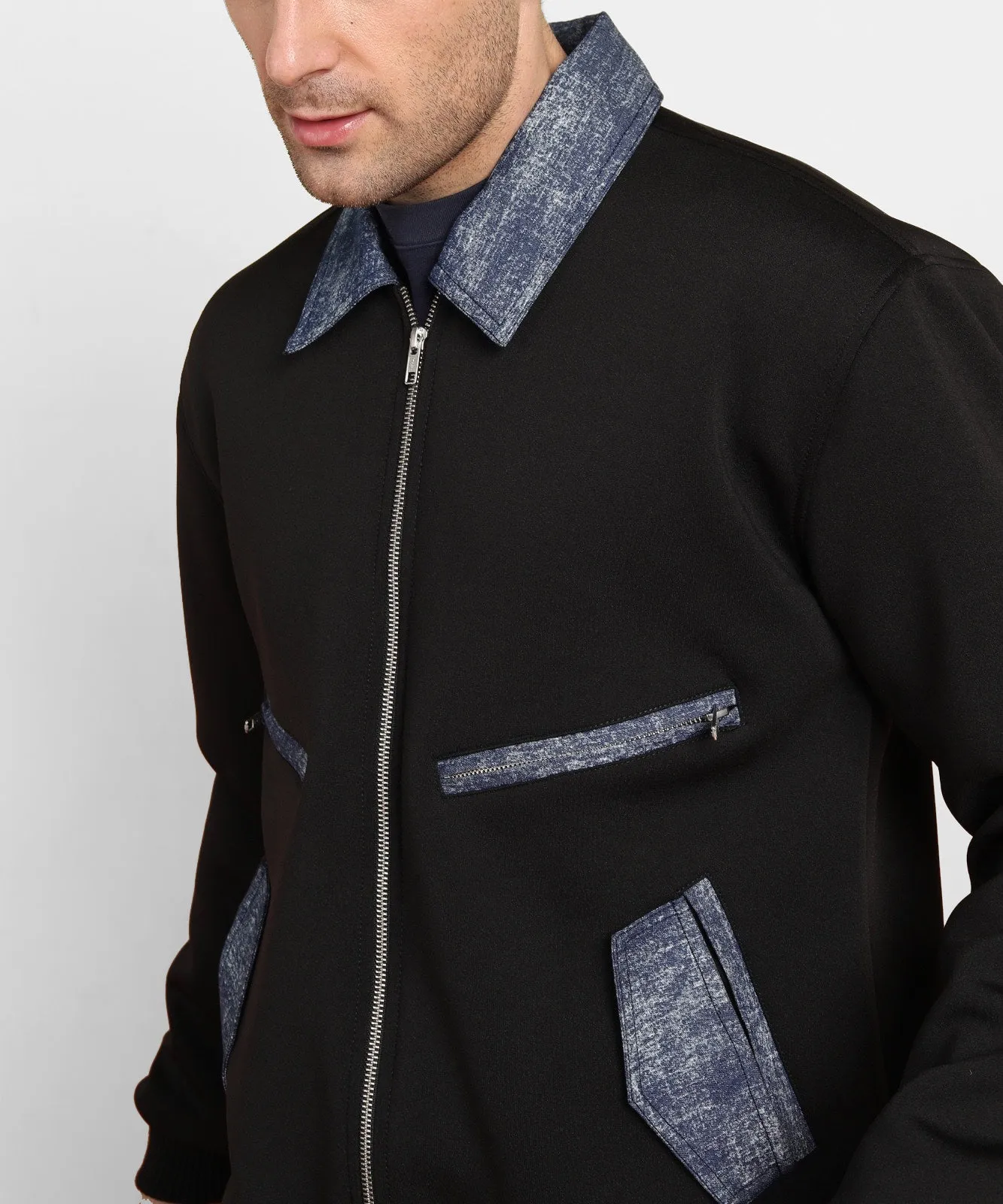 Denim trimmed scuba zipper jacket