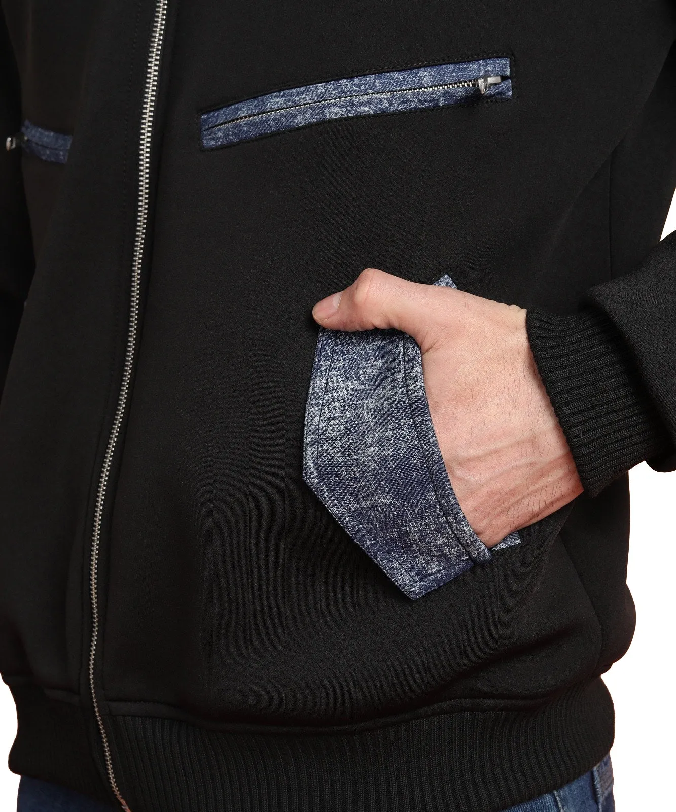Denim trimmed scuba zipper jacket