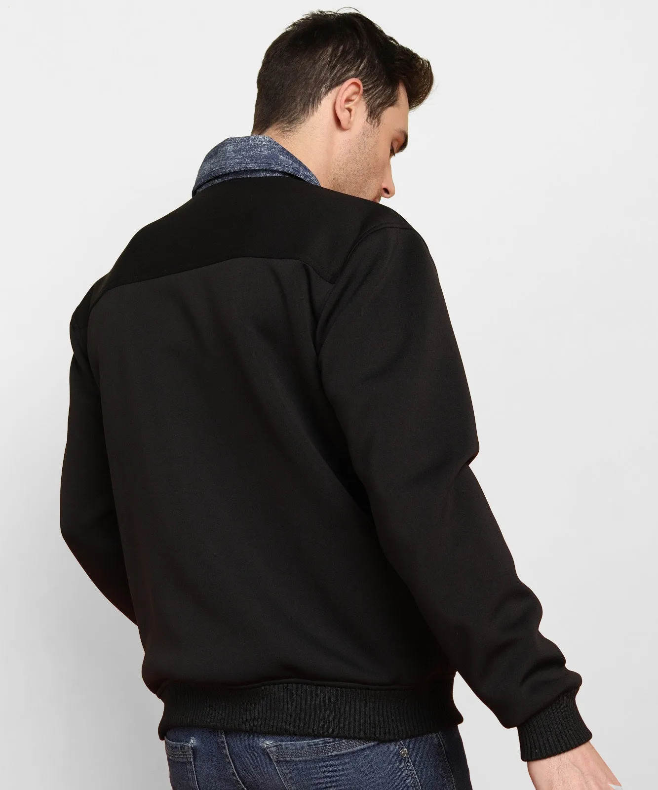 Denim trimmed scuba zipper jacket