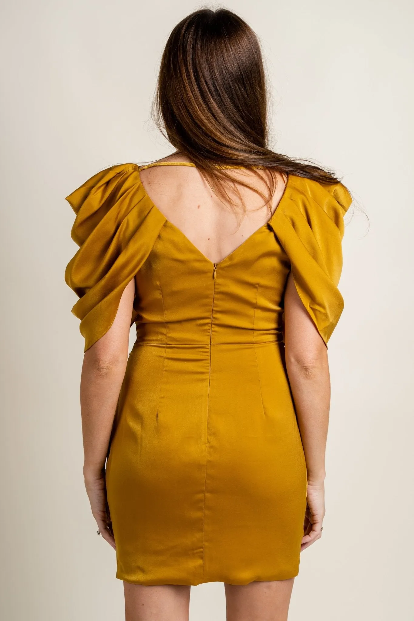 Draped sleeve satin dress olive oil