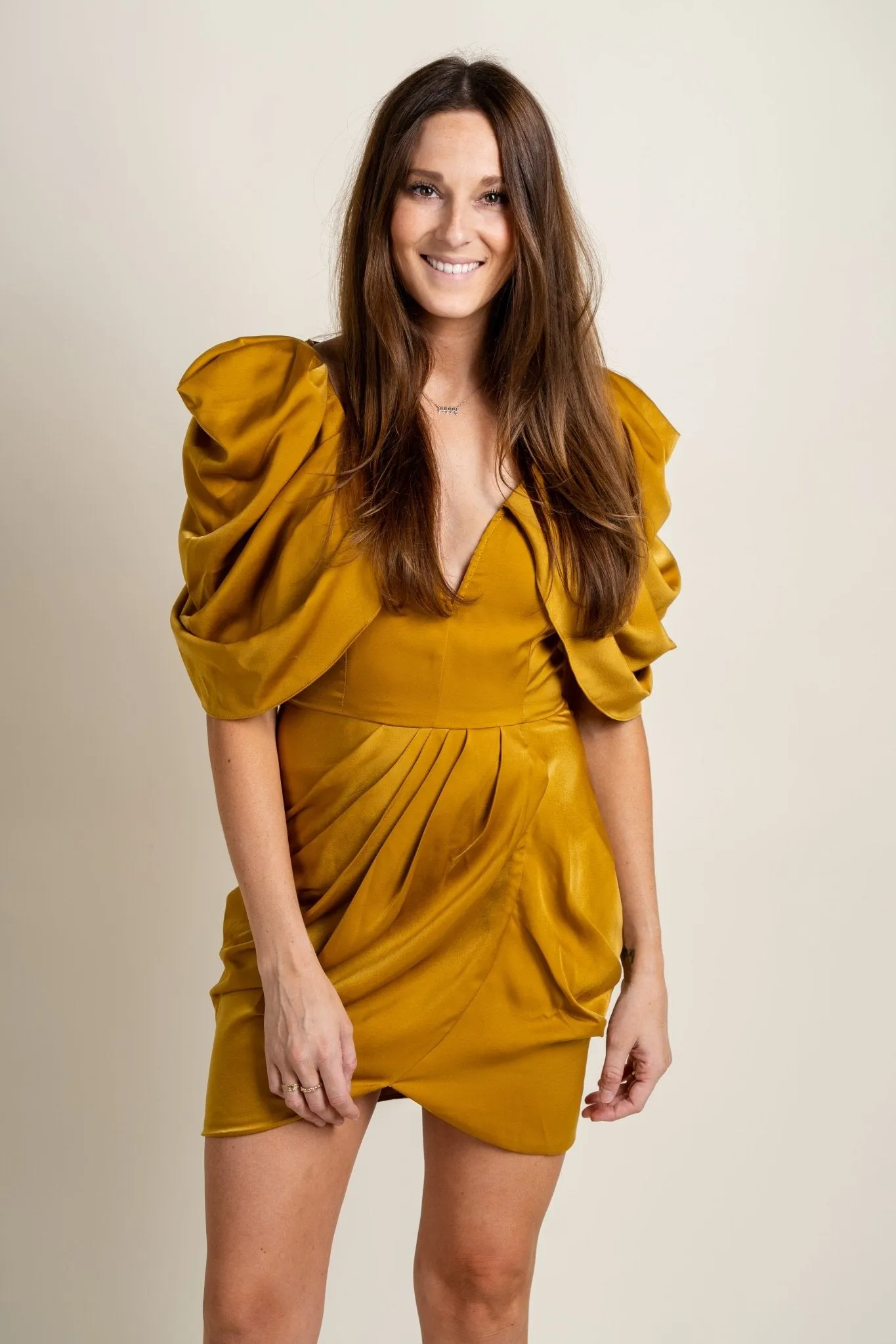 Draped sleeve satin dress olive oil