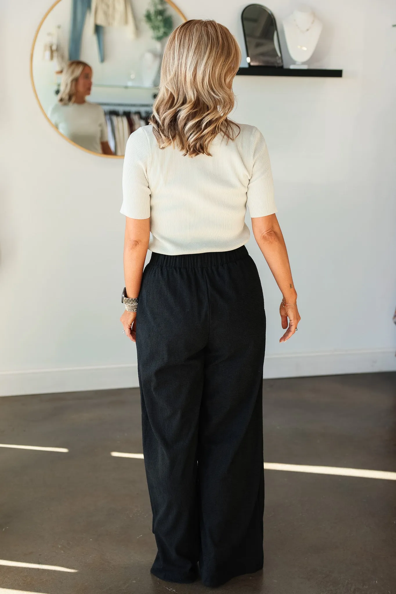 Elastic Waist Textured Pants - Black