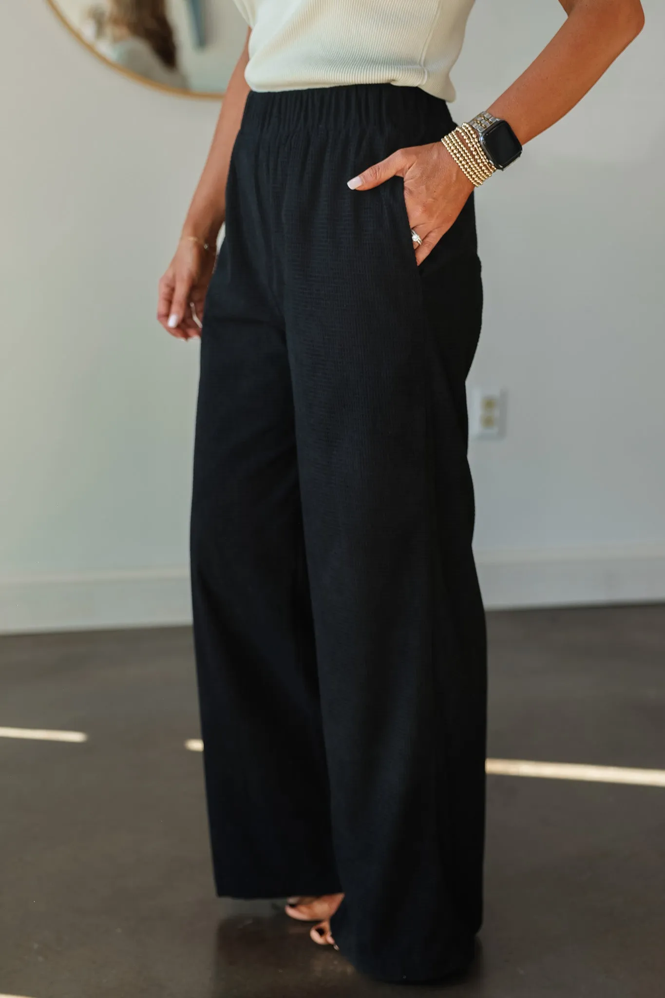 Elastic Waist Textured Pants - Black