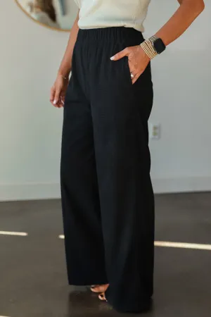 Elastic Waist Textured Pants - Black