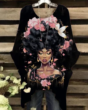 Elegant Art Portrait Print Casual Blouses