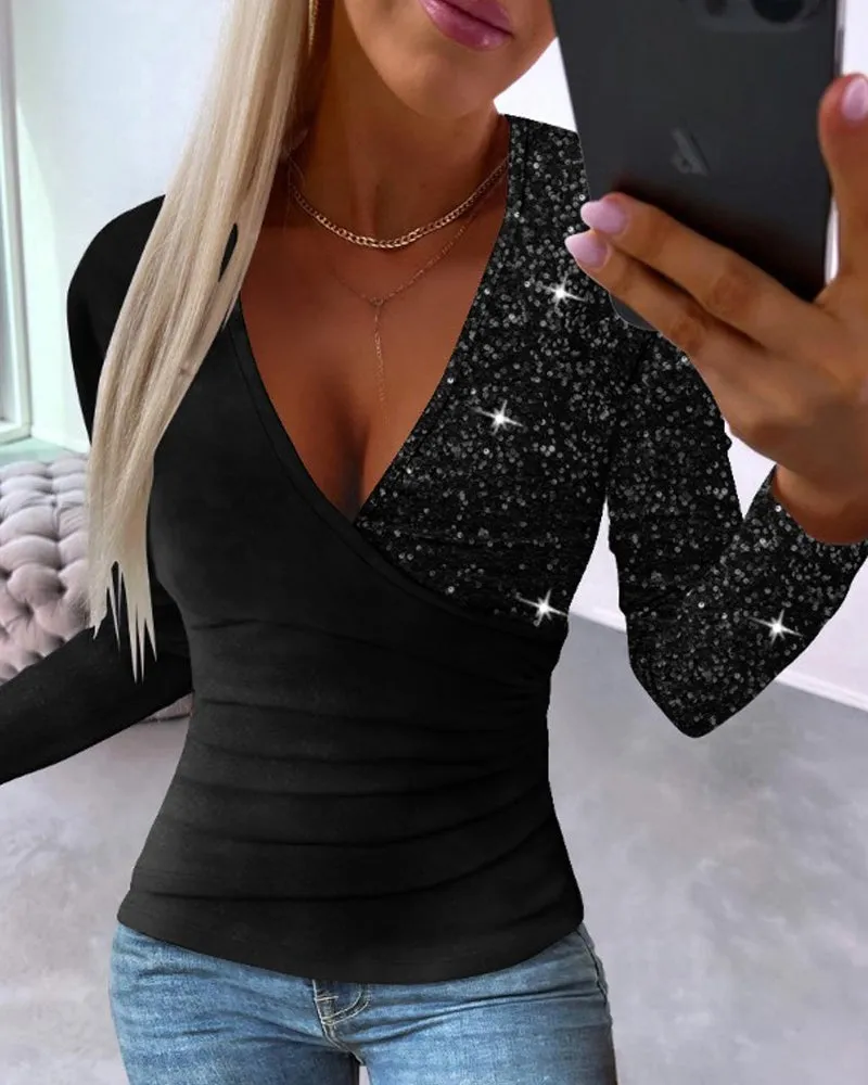 Elegant patchwork sequined v-neck top