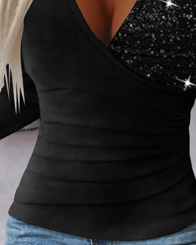 Elegant patchwork sequined v-neck top