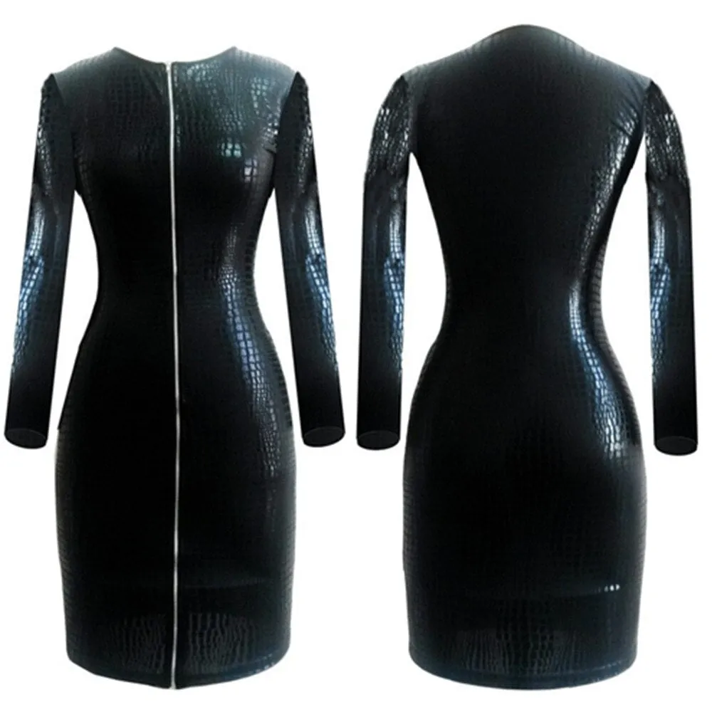 Glamorous Clubwear Women's Bodycon PU Leather Dresses, Long Sleeve, Zippers, Elasticity