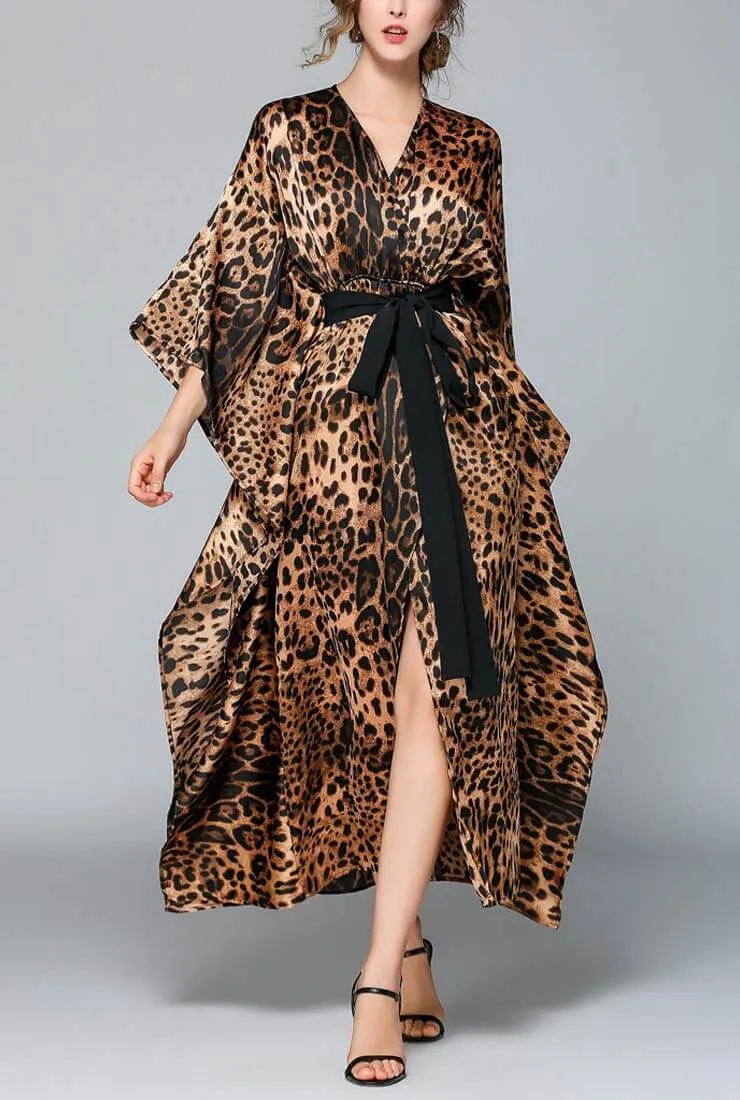 Leopard Printed Loose V-neck Maxi Dress
