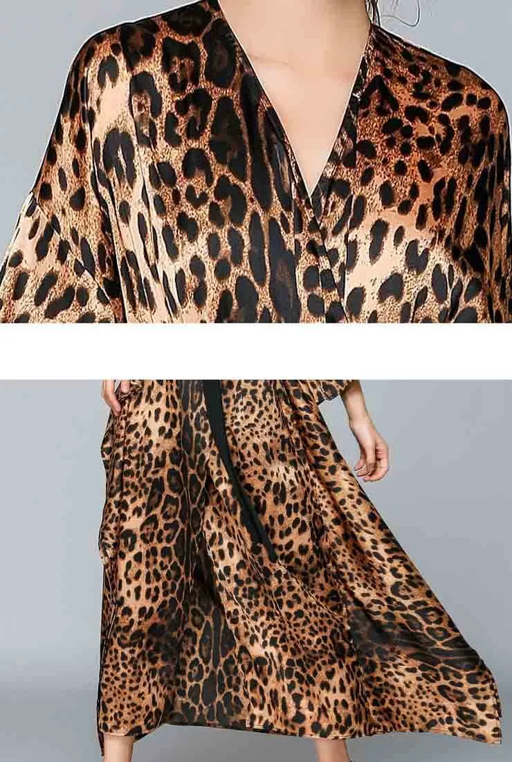 Leopard Printed Loose V-neck Maxi Dress