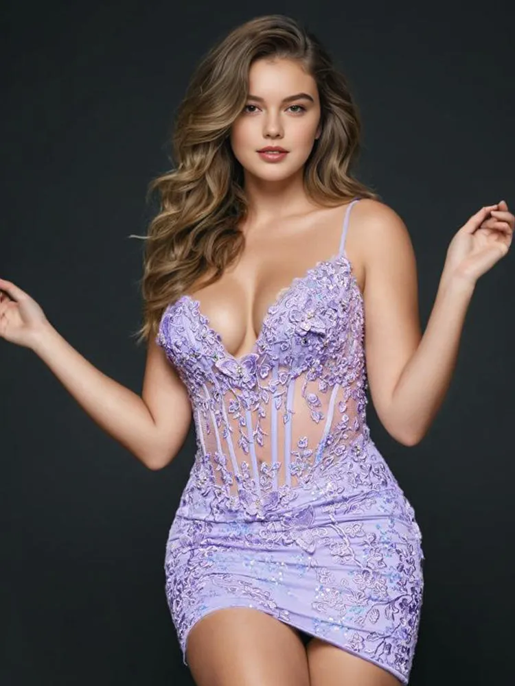 Lilac V-neck See-through Spaghetti Straps Homecoming Dresses