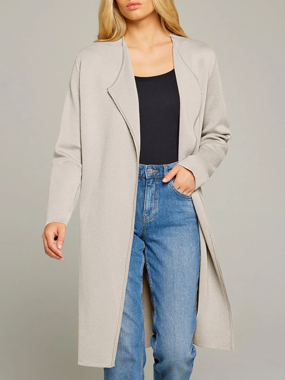 MEROKEETY Women's 2024 Long Sleeve Cardigan Sweaters Lapel Open Front Casual Knit Coatigan Jackets, Apricot, S