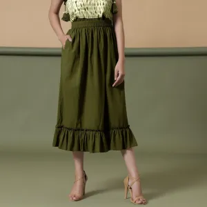 Moss Green 100% Cotton Tier Gathered Midi Skirt