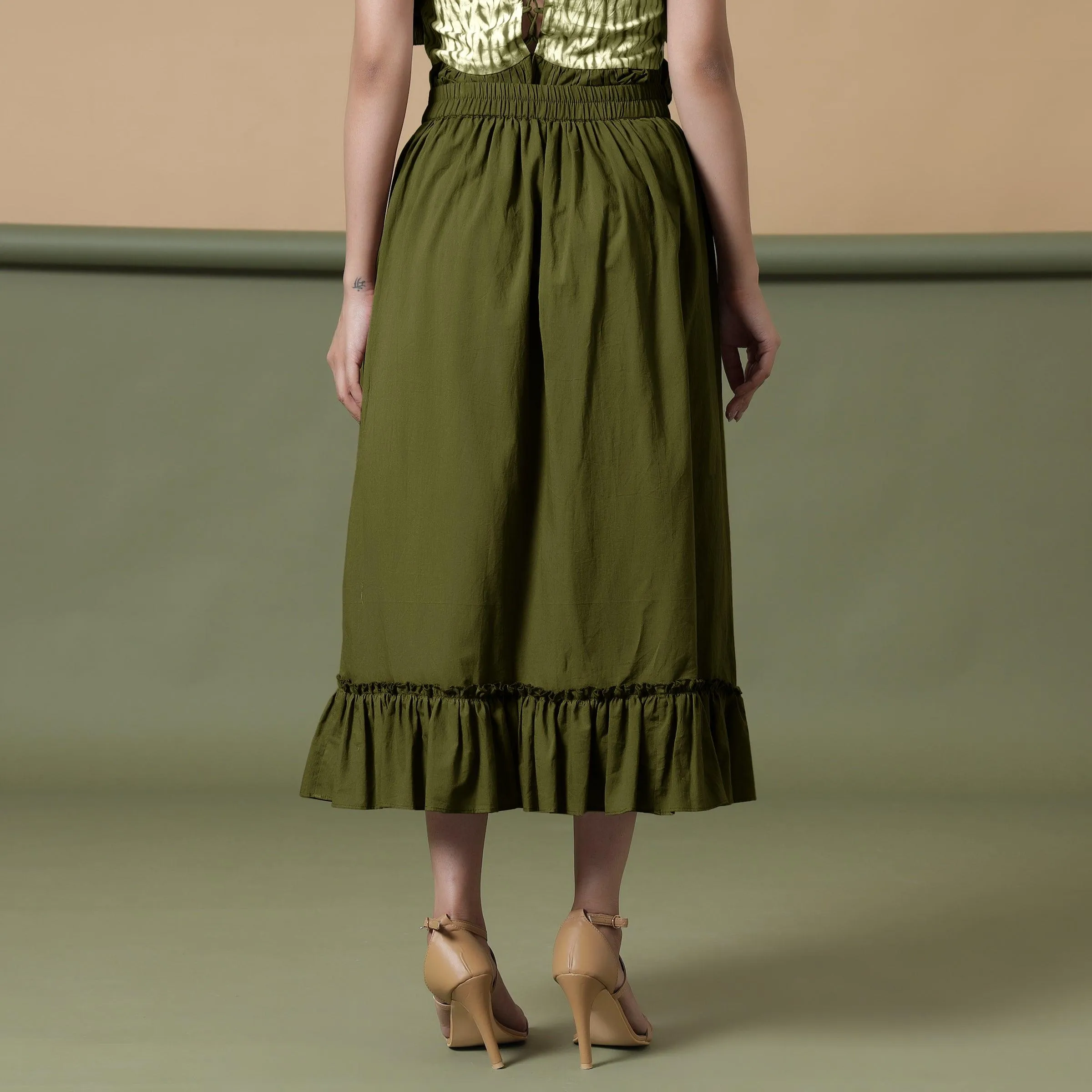 Moss Green 100% Cotton Tier Gathered Midi Skirt