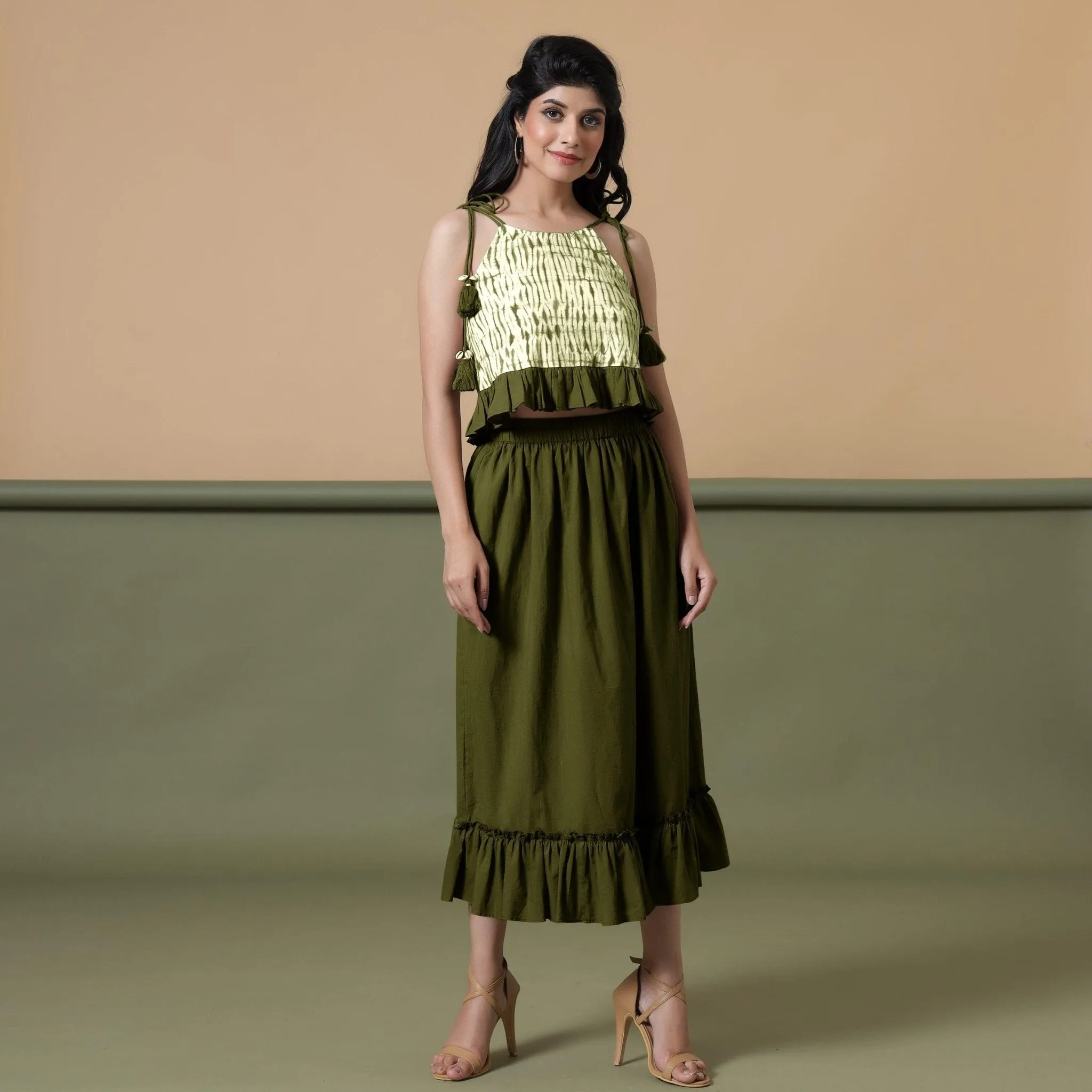 Moss Green 100% Cotton Tier Gathered Midi Skirt