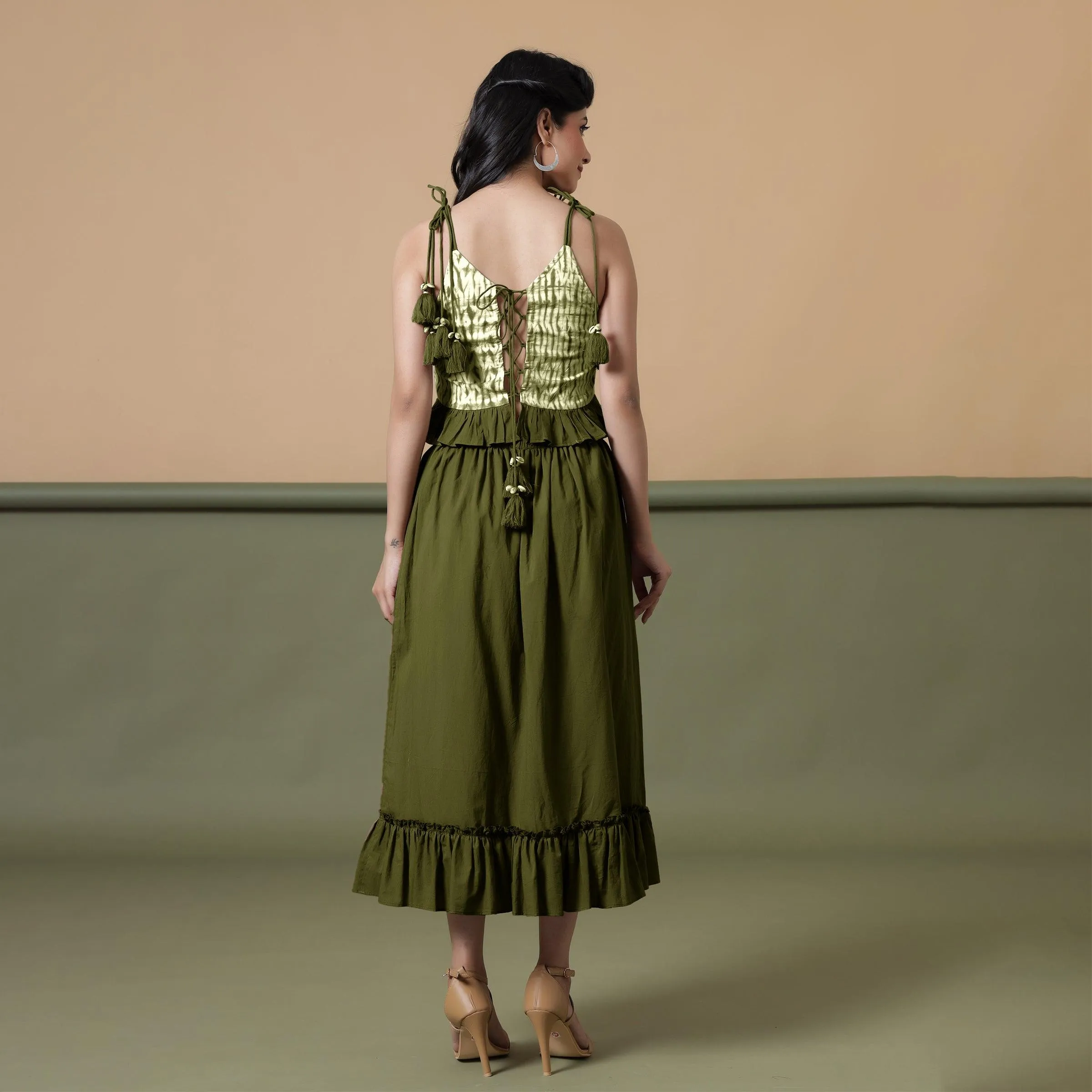 Moss Green 100% Cotton Tier Gathered Midi Skirt