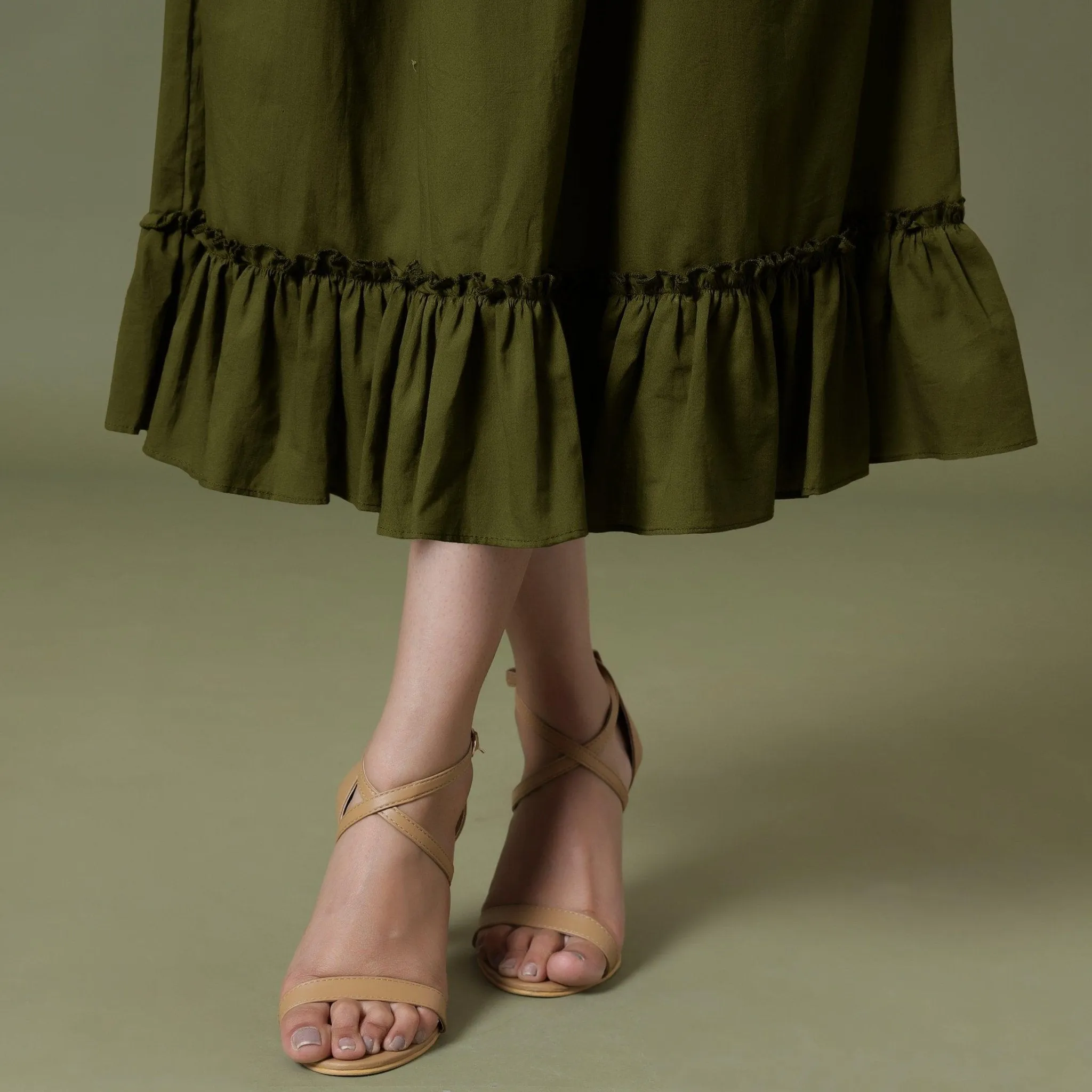 Moss Green 100% Cotton Tier Gathered Midi Skirt