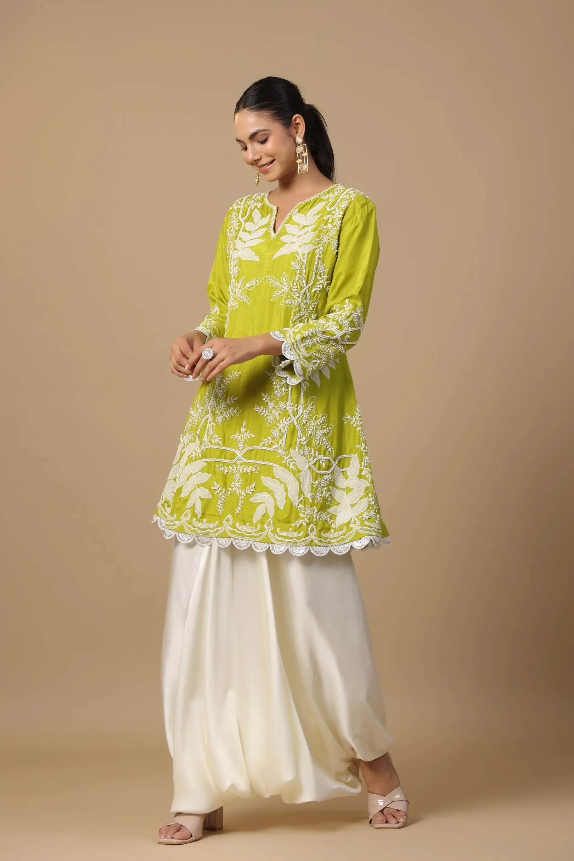 Pear Green Embroidered Raw Silk Tunic & Afghani Pants Set