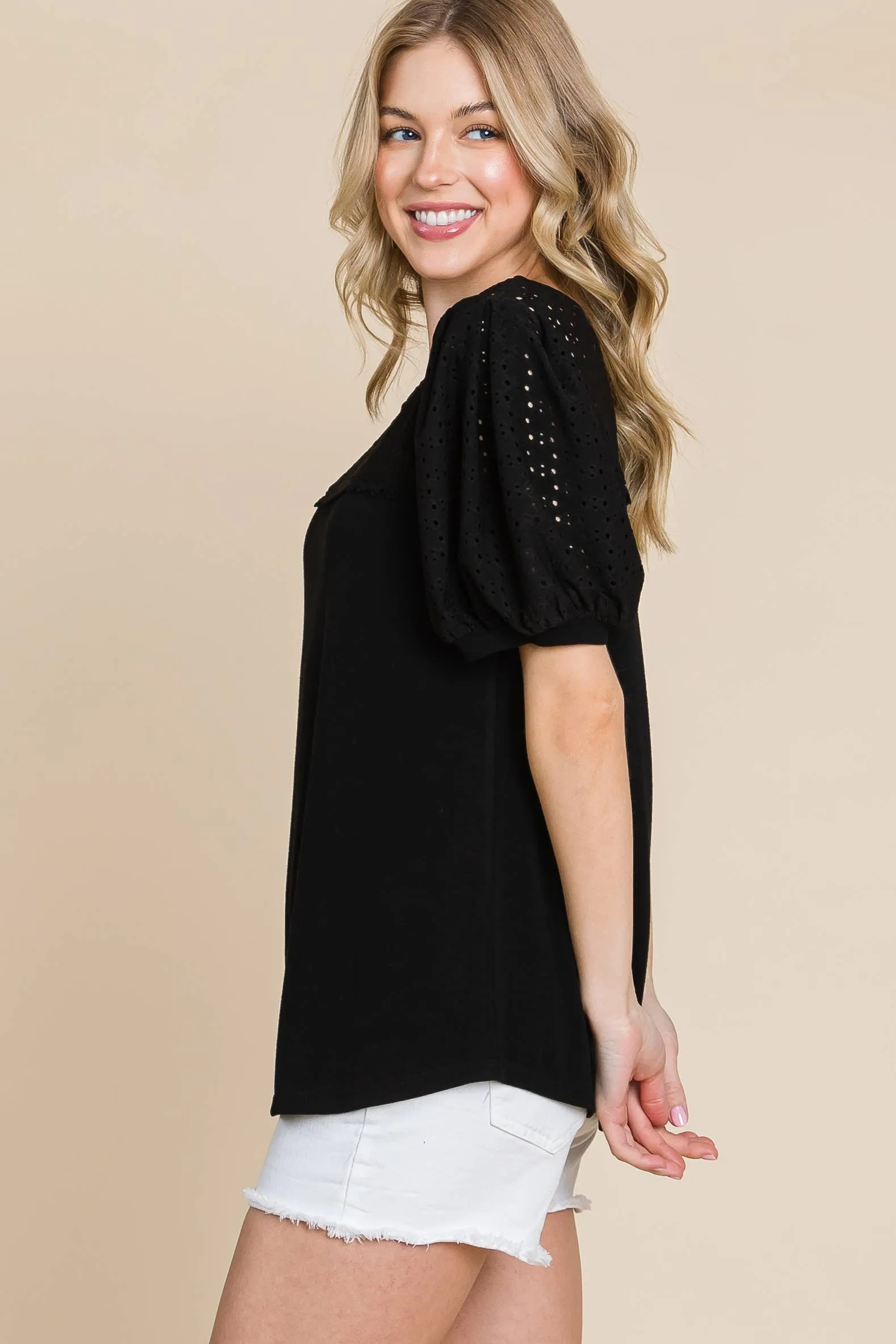 Plus Size Solid Casual Top With  Eyelet Detail: 3XL / Ivory