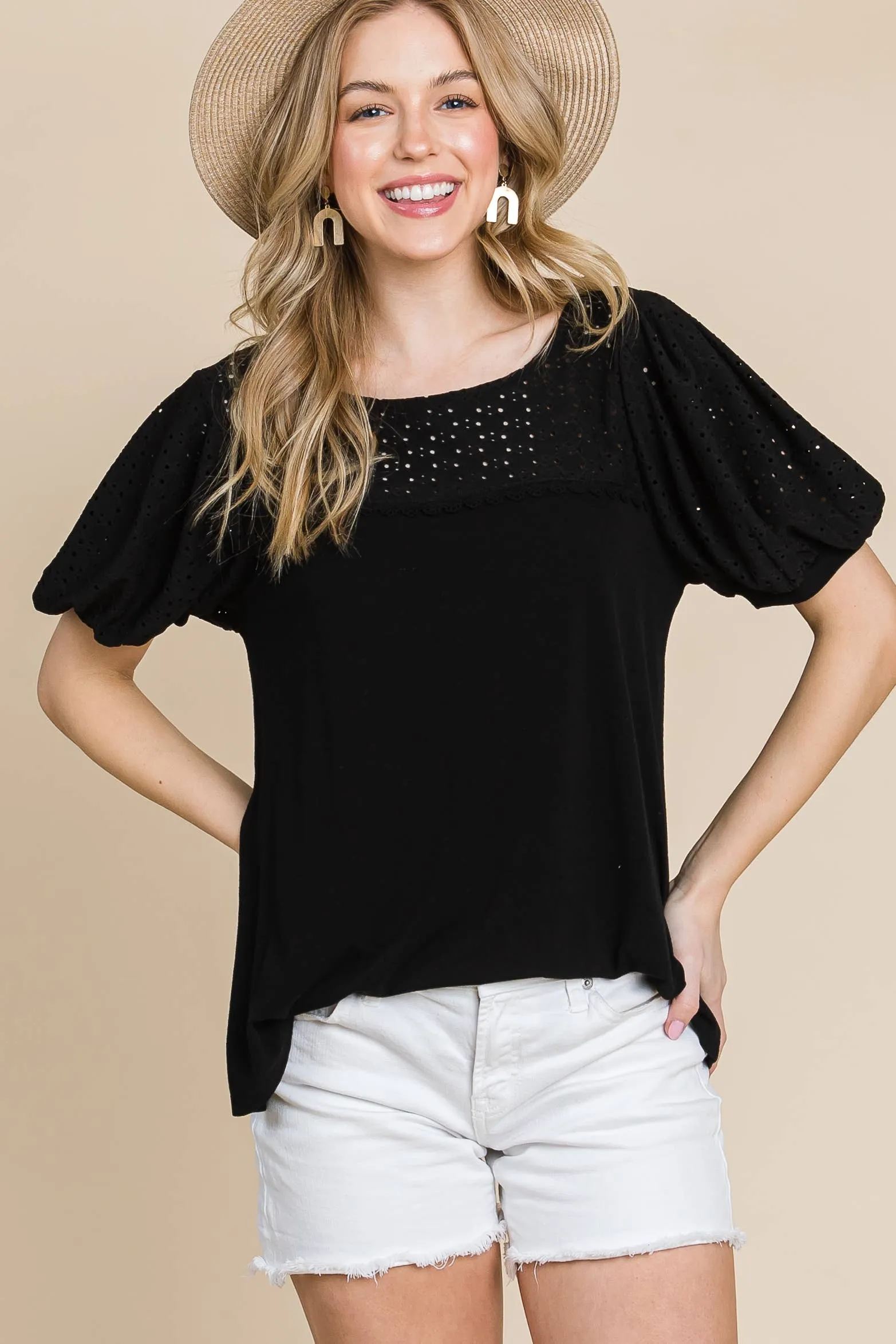 Plus Size Solid Casual Top With  Eyelet Detail: 3XL / Ivory