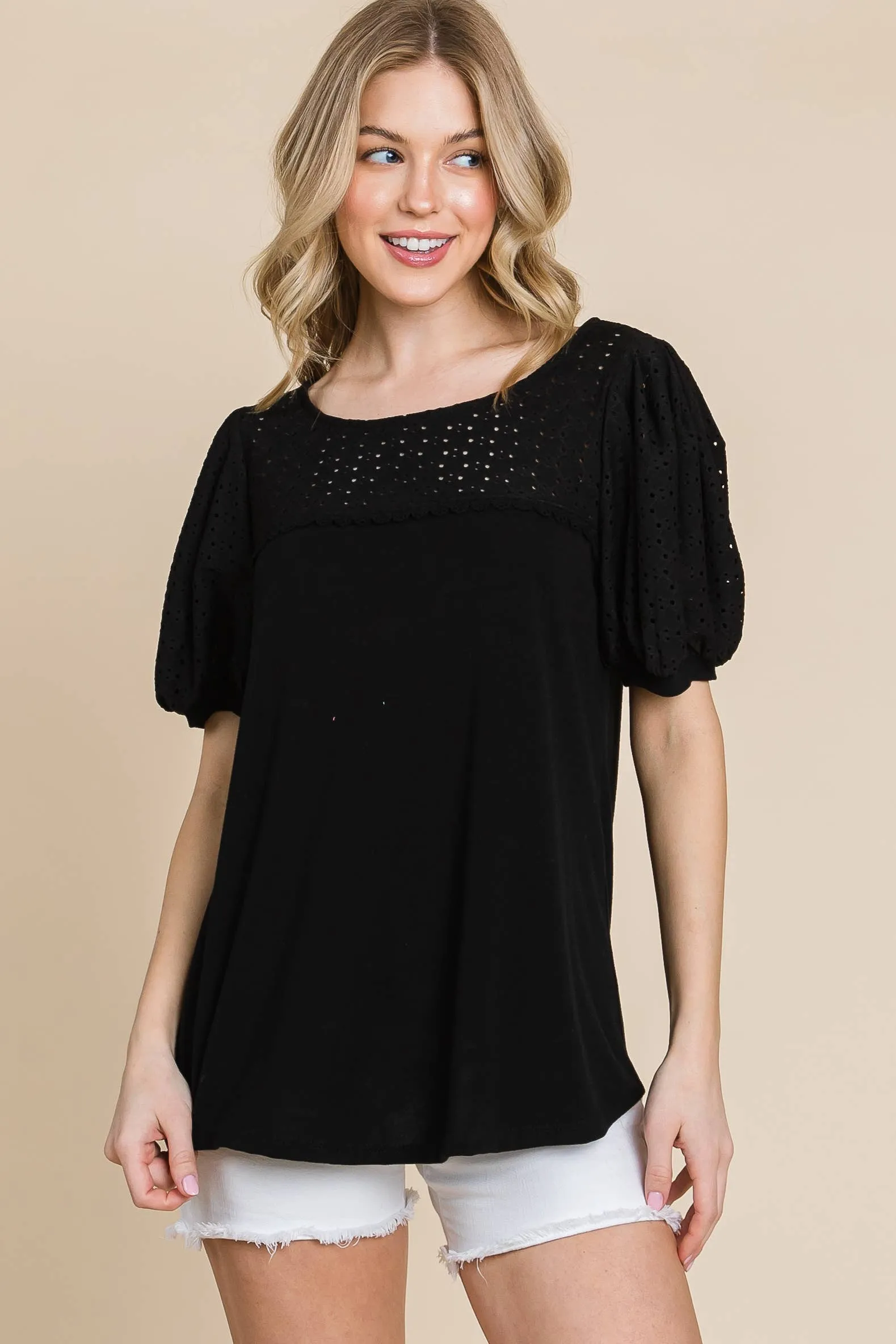 Plus Size Solid Casual Top With  Eyelet Detail: 3XL / Ivory