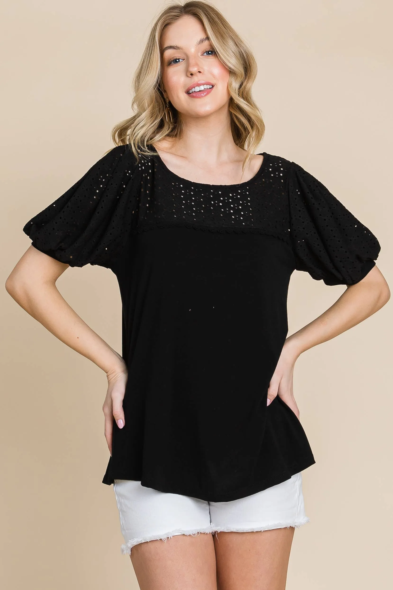Plus Size Solid Casual Top With  Eyelet Detail: 3XL / Ivory