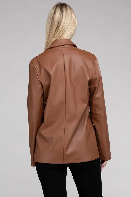 Premium Cognac Faux Legan Leather Blazer