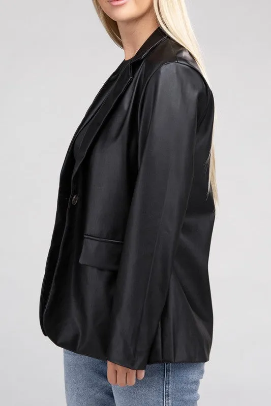 Premium Cognac Faux Legan Leather Blazer