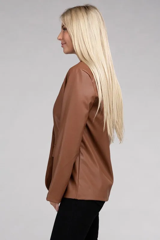Premium Cognac Faux Legan Leather Blazer
