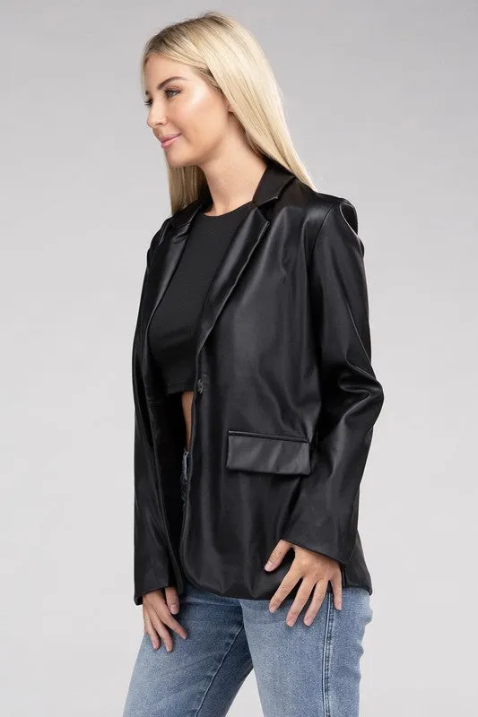 Premium Cognac Faux Legan Leather Blazer
