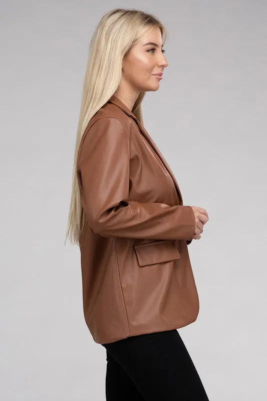 Premium Cognac Faux Legan Leather Blazer