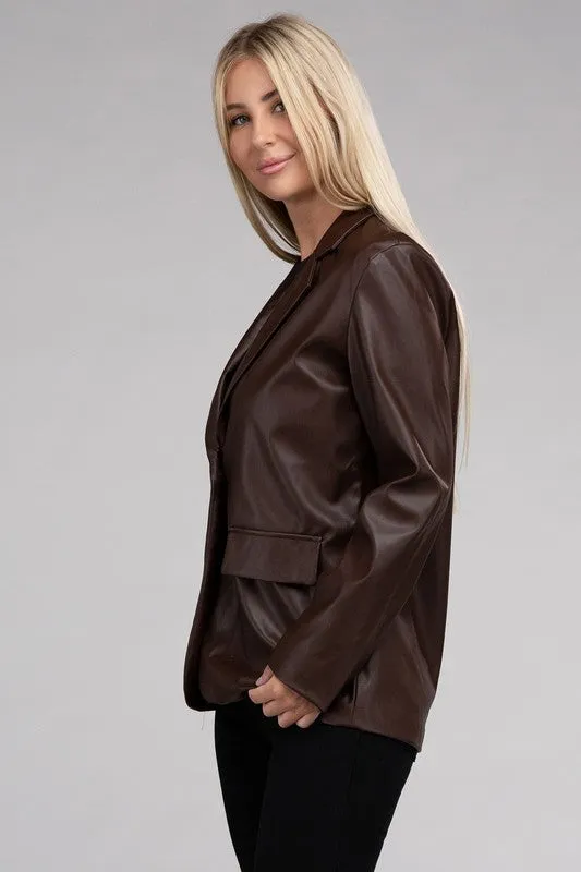 Premium Cognac Faux Legan Leather Blazer