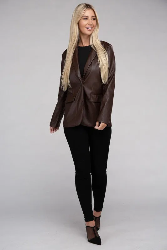 Premium Cognac Faux Legan Leather Blazer