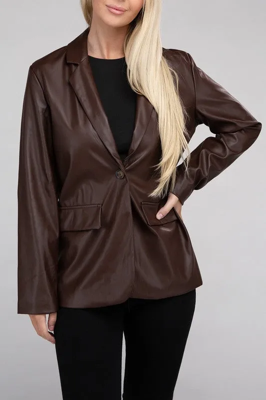 Premium Cognac Faux Legan Leather Blazer