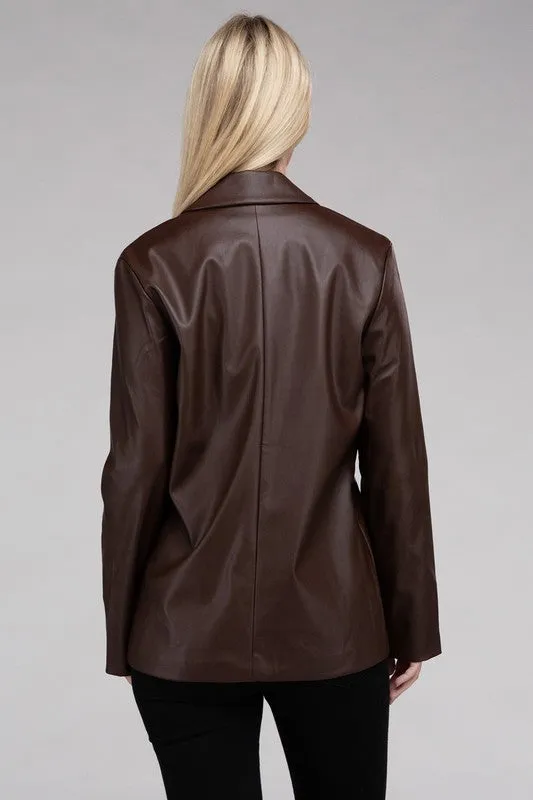 Premium Cognac Faux Legan Leather Blazer