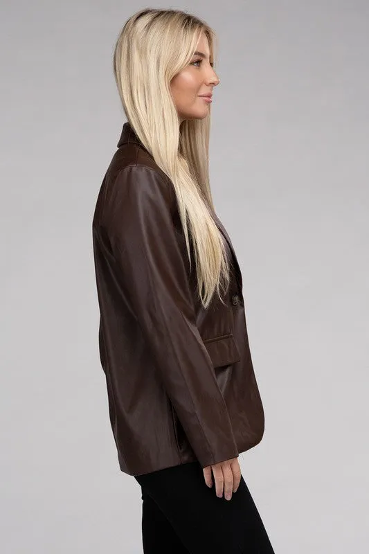 Premium Cognac Faux Legan Leather Blazer